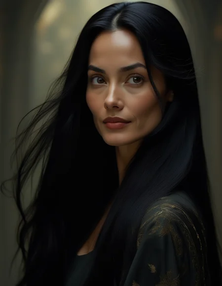 A regal portrait of a woman with long, straight black hair flowing down her back, her oval face serene and composed, her dark eyes filled with wisdom, her lips set in a calm, knowing smile as she gazes into the distance. <lora:usual-portrait-v2:1>
