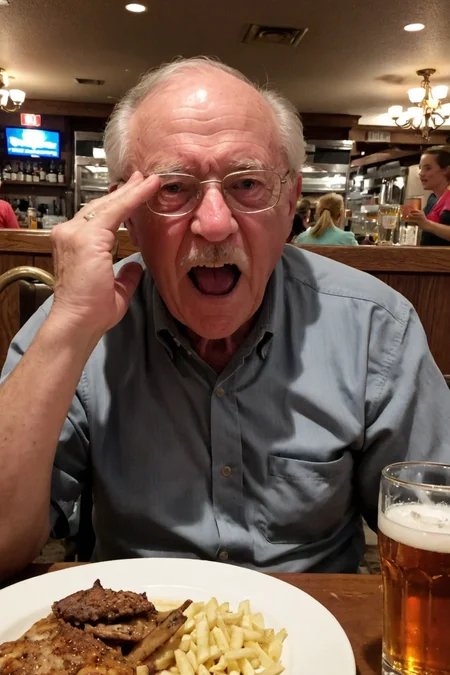 bad low quality snapshot of grandpa drunk at dinner, yelling at the waitress