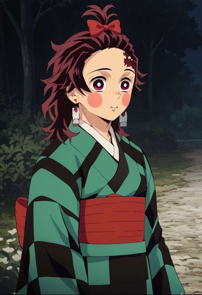 score_9, score_8_up, score_7_up, source_anime, rating_safe, kamado tanjirou, red_Tanjiro_medium hair, red-white_Tanjiro_eyes, white-red_Tanjiro_earrings, red_Tanjo_scar on forehead, 1boy, male focus, anime screencap, green-black_Tanjiro_kimono, blush stickers, red bow hair tie, red_Tanjiro_obi, cropped legs,