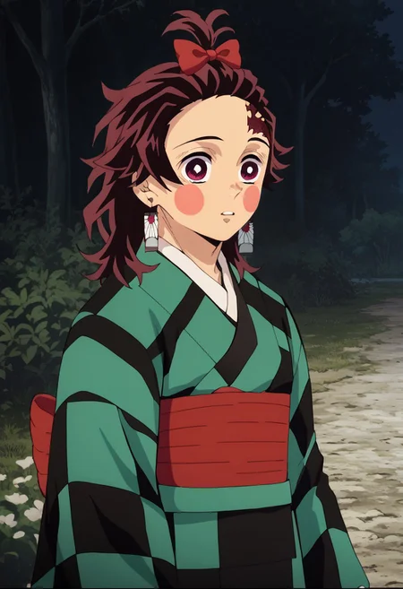 score_9, score_8_up, score_7_up, source_anime, rating_safe, kamado tanjirou, red_Tanjiro_medium hair, red-white_Tanjiro_eyes, white-red_Tanjiro_earrings, red_Tanjo_scar on forehead, 1boy, male focus, anime screencap, green-black_Tanjiro_kimono, blush stickers, red bow hair tie, red_Tanjiro_obi, cropped legs,