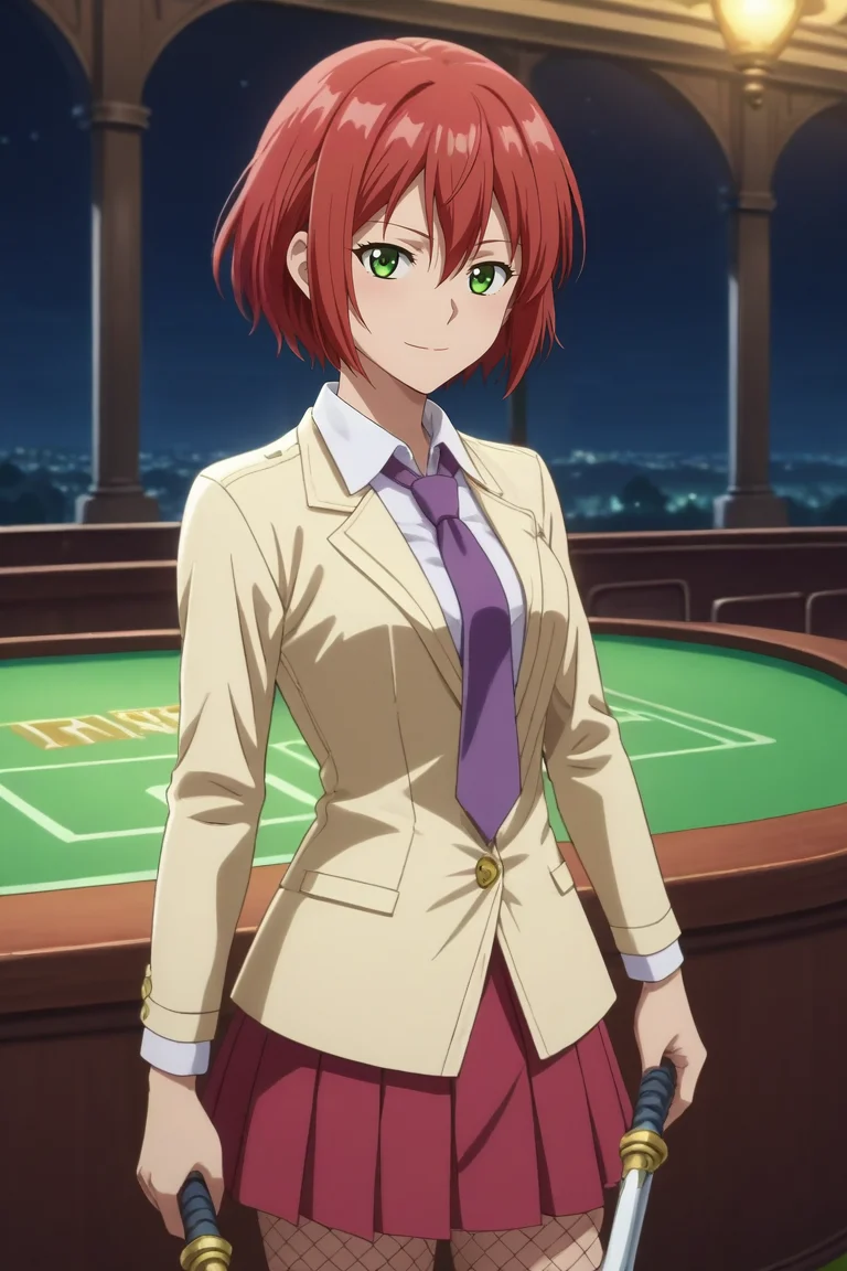 score_9, score_8_up, score_7_up, source_anime, rating_safe, , anime screencap, , official style, looking at viewer, , 1girl, solo, <lora:shirayuki-hime_pony:0.82>, shirayuki-hime, red hair, green eyes, hair between eyes, short hair, profile, las vegas, casino, dawn, holding weapon, seductive smile, collared shirt, purple necktie, pleated skirt, fishnets, <lora:sdxl_lightning_8step_lora:1>