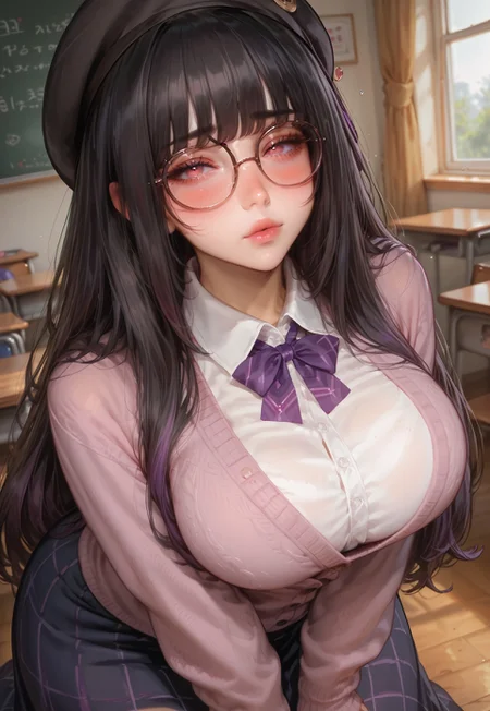 safe_pos, score_9, score_8_up, score_7_up, source_anime, NSFW, cute face, (((1girl, solo, face focus))), (best quality, high quality), (((black hair, long hair, long sidelocks, (long bangs:1.3), multicolored hair, (purple colored tips:1.3),))), sultry expression, (mature face, milf, 40 years old), (pale skin tone), (petite body, large breasts, thick thighs), (pink eyes), sexy lips, perfect lips, defined nose, looking at viewer, closed mouth, blushing, seductive look, (((bedroom eyes, full-faced blush, heavy blush, embarrassed, dynamic standing pose, arched back))), (((cardigan, long skirt, glasses, beret hat))), indoors, classroom, aesthetic composition, (detailed background, tasteful layout), dutch angle view, full body, depth of field,