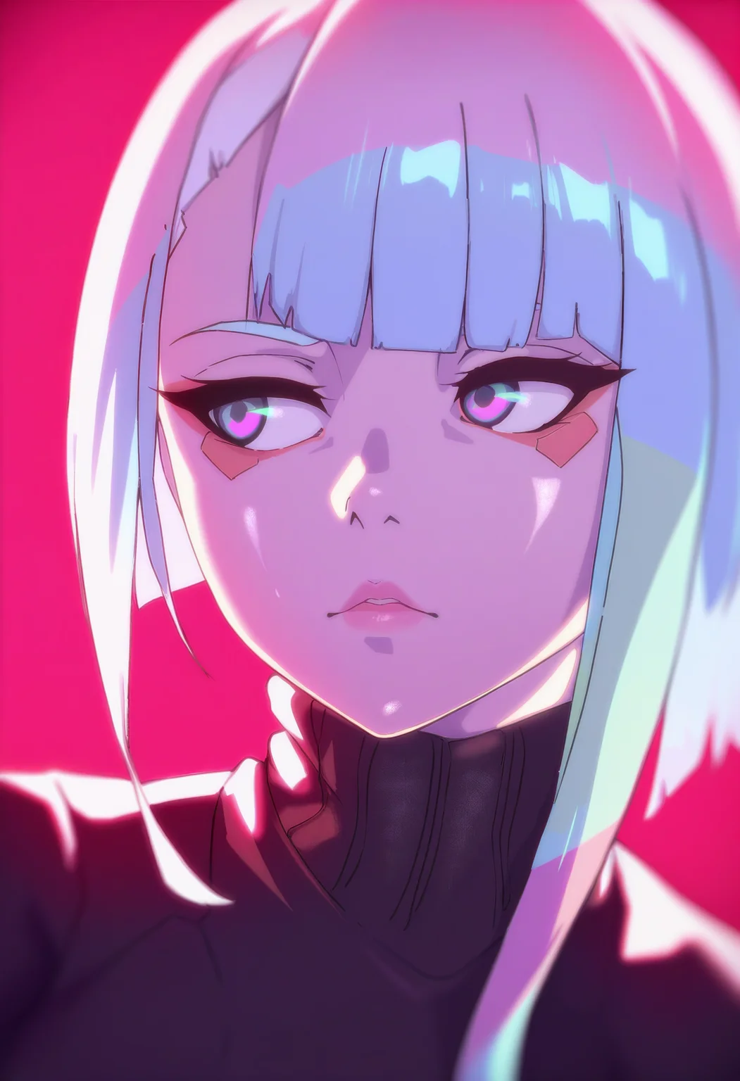 1girl, solo, sweater, portrait, lucy \(cyberpunk\), looking to the side, simple background, turtleneck sweater, long sleeves,
masterpiece, best quality, <lora:theobrobine-guy90-Illust-Lycorisv1:1>, theine, shiny skin