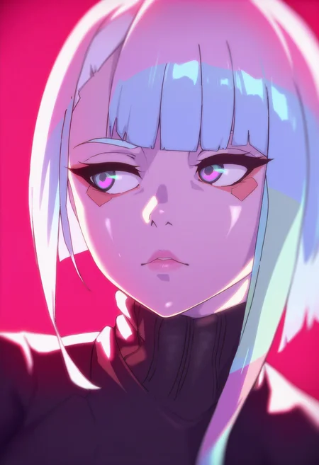 1girl, solo, sweater, portrait, lucy \(cyberpunk\), looking to the side, simple background, turtleneck sweater, long sleeves,
masterpiece, best quality, <lora:theobrobine-guy90-Illust-Lycorisv1:1>, theine, shiny skin