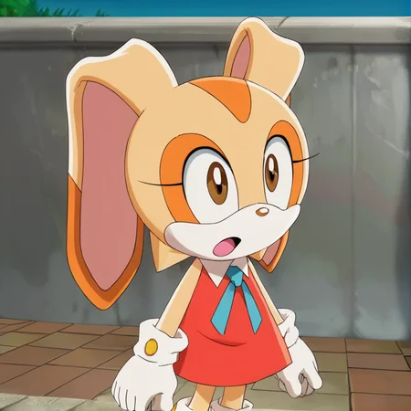 hi res, best quality, female, Score_9, score_8, score_7 BREAK, best anatomy, small body, young, petite, (solo), ultra detailed, short, (source_cartoon), (((show accurate))), (masterpiece), <lora:Cream_the_rabbit_Pony_V3:1>, cre@m_the_rabbit, furry, two-tone fur, rabbit ears, 1girl, animal nose, brown eyes, rabbit girl, orange dress, white gloves, neck ribbon, blue ribbon, standing, open mouth, outdoors