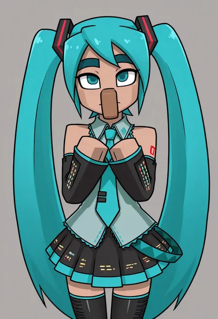 Minecraft_Villager, long nose, unibrow, 1girl, hatsune miku, blue eyes, blue hair, long hair, hatsune miku costume, cute pose