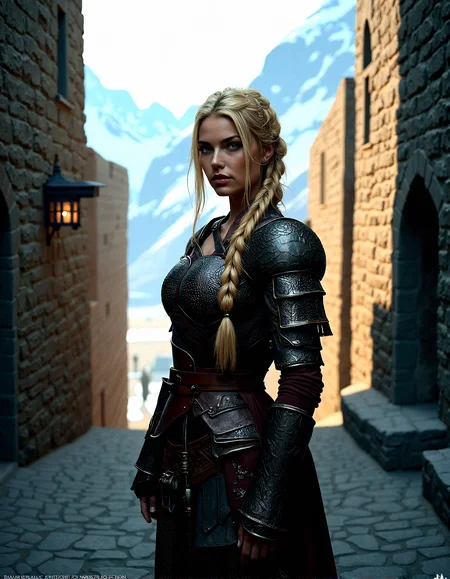 Extreme photorealistic depiction of a beautiful female warrior, long blonde braided hair, looking at viewer, realistic detailed skin texture, intricate leather armor, high-resolution, cinematic lighting, sharp focus, ultra-realistic, extreme realism, 8k, very detailed, high quality.
A secretive fortress built into the side of a mountain, with narrow paths leading to the entrance. The walls are made of dark stone, and the fortress is heavily fortified with watchtowers and archers’ slits. The air is crisp and cold, with snow-capped peaks in the background.Soft, flickering light from torches, casting warm, uneven light and deep shadows on stone walls.A warm, amber light from a setting sun, casting long, dramatic shadows across the scene.Natural light illuminating an open courtyard, with deep shadows cast by the tall surrounding walls.
The female warrior Standing with her Hands on hips, chin slightly lifted.