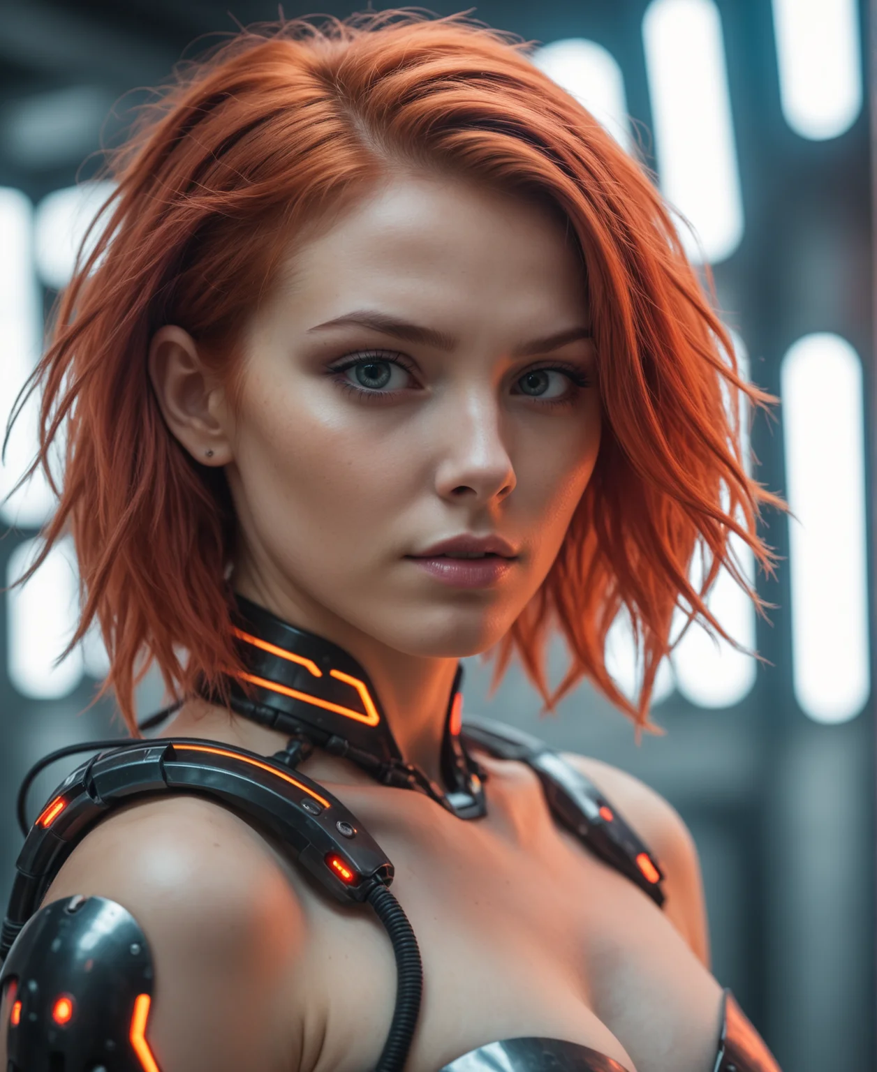 Best quality, Raw photo, face portrait, a young cyborg woman with fiery red hair. Her face fills the frame, bathed in neon hues, exuding determination and mystery amidst a futuristic backdrop, Fujicolor Pro 400H, L USM