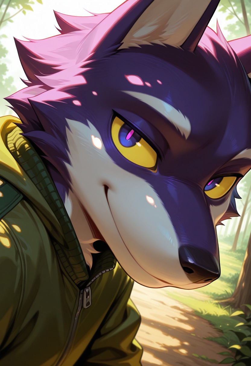 masterpiece,best quality, amazing quality, 1boy, solo, l0b0, furry male, 1boy, solo, manly, purple fur, purple pupils, yellow sclera, green jacket, two-tone fur, white fur, looking at viewer, close up, side angle, outdoor, woods, little smile