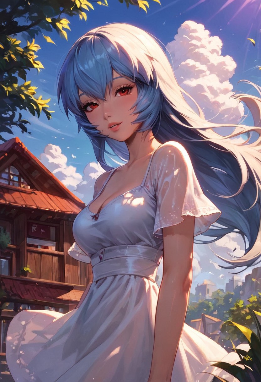score_9, score_8_up, score_7_up, score_6_up, ayanami_rei, 1girl, [side view], looking at viewer, white sundress, see-through silhouette,diaphanous dress, rating_questionable, summer, wind, beautiful woman, cute, sunlight, 
BREAK light blue hair, official_alternate_hairstyle, very long hair, long bangs, big eyes, red eyes, half-closed eyes, light smile, parted lips,
BREAK short sleeves, pale skin, cleavage,
BREAK outdoors, town, detailed background, island, seascape, blue sky,
