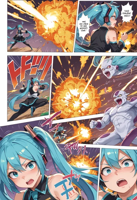 score_9, score_8_up, score_7_up, score_6_up, score_5_up, score_4_up, anime source,
<lora:FComic_1to1000_Pony_V1:0.1>
<lora:DBBattle_Pony_V2:0.8>DBBattle, (duel:1.25), (comic:1.25), battle, emphasis lines, speed lines, motion lines, !?, !!, style parody,
Frame, Text, English Text, speech bubble, trembling, focus line, vibrating line, comic expression, Sound effect,
1 girl, girl forcas, 2+ boys, Monster Boy, Creature Boy, Mutant Boy,
fighting stance, aura, simple backgraund,,
injury, torn clothes,
((explosion)),
(mature female:1), huge brests:1, shiny skin, oily skin, Thick thighs, voluptuous lower body,
<lora:miku-hatsune-ponyxl-lora-nochekaiser:0.5>, miku hatsune,