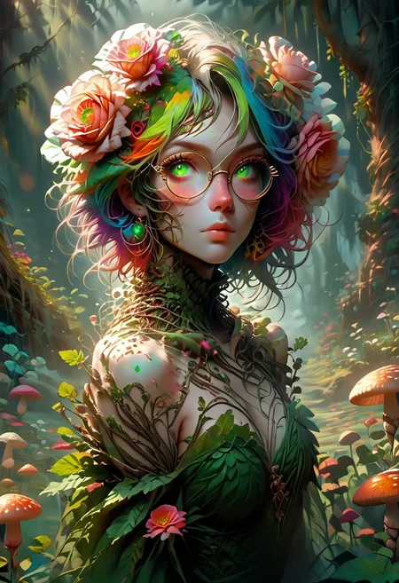 score_9, score_8_up, score_7_up, flowerdruid, rose petals, colorful roses, short intricate hair, perfect eyes, enchanted forest, twinkling lights, Mycelia, rainbow colored hair, candy hairclip, round glasses, green eyes, freckles, petite, wadufuk1, zPDXL3, mushrooms, flowerdruid