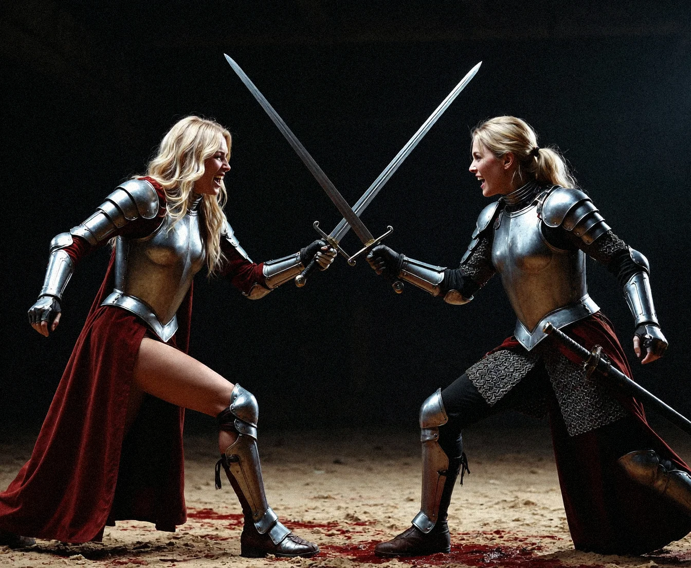 cinematic photo 2 (sexy blonde female knight the most beautiful girls in the world, in skeletal armour plate , (((sword fighting))) on (bloody the battlefield)), ((having a sword duel standing apart facing each other swords raised in fencing combat, crouched low.)) preparing to attack, in intricate leather armor, grandiose design, volumetric lighting, refraction, looking to the side, Dark fantasy, sweating. ((Angry scowls on the faces)), (teeth showing), dark scene. carrying a magical sword, Professional, inviting, Darkly lit, high-resolution, property-focused, highly detailed 35mm photograph, film, bokeh, professional, 4k, highly detailed <lora:add-detail-xl:1> <lora:epiNoiseoffset_v2:1> <lora:xl_more_art-full_v1:1>, cinematic photorealistic, 8k uhd natural lighting, raw, rich, intricate details, key visual, atmospheric lighting, 35mm photograph, film, bokeh, professional, 4k, highly detailed . 35mm photograph, film, bokeh, professional, 4k, highly detailed, (spread apart facing each other in a fierce sweaty combat fight, swords crossed clashing together). (big boobs:0.4). she is a knight to remember, Dynamic pose, positive aesthetic, cross-processing, luxury photography(masterpiece, best quality, professional photography), (extremely detailed, intricate details, highres), 8k, hdr, best quality, intricate, aesthetic, artistic, creative, detailed, fine detail, Best quality emphasis, Dynamic angle, cluttered and intricate background, high dynamic range, (Dark, darkness, limited palette)background, (bright, vibrant)foreground