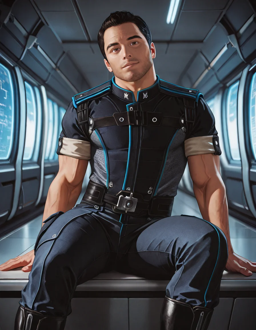 masterpiece, best quality, newest, perfect quality, best quality, detailed background, intricate details, male focus, solo, realistic, <lora:Mass Effect - Kaidan Alenko - Illustrious 2-000007:0.8>, mekalenko, 1boy, adult male, black hair, short hair, thick stubble, brown eyes, looking at viewer, spacecraft interior, uniform shirt, sleeves rolled up, head tilt, hallway, uniform belt, uniform pants, uniform boots, sitting, contrapposto, (smile:0.5)