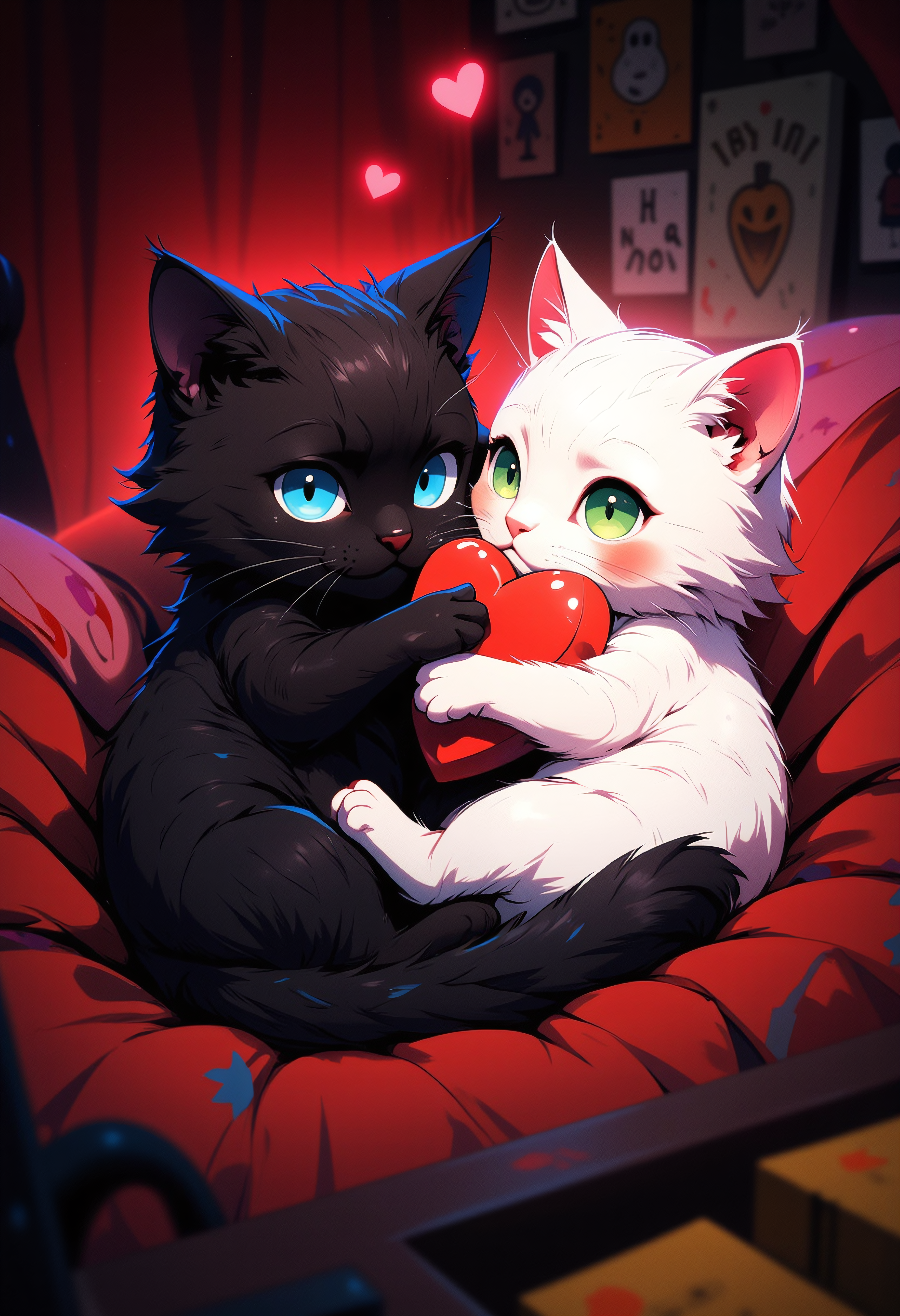 a digital painting depicting  black cat with bright blue eyes and white cat with bright green eyes, nestled on a cushion and cuddling a heart-shaped toy. They is looking at the viewer.  The scene is in a cozy, comfortable room where the lighting is soft and warm, with a scarlet hue giving the setting an illuminating glow. The overall atmosphere radiates warmth, comfort and love