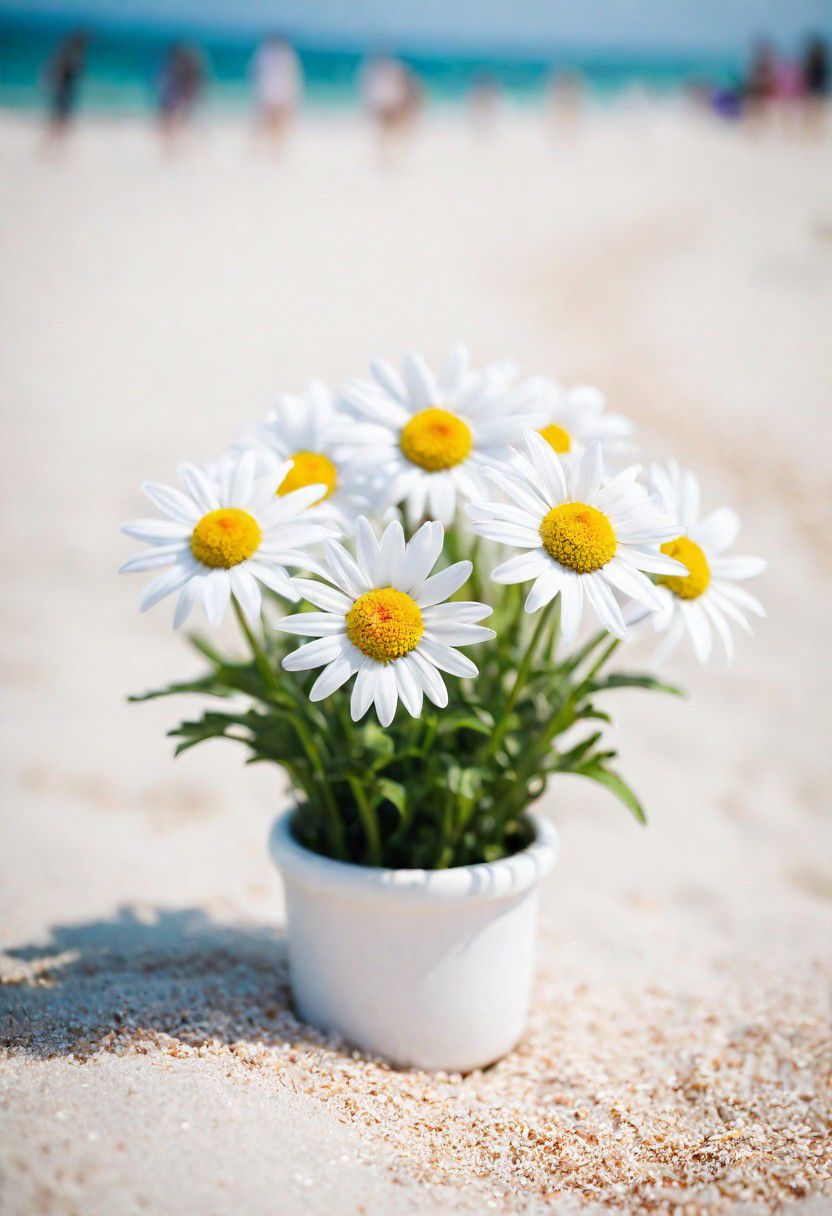 Bavarian ([Daisy:Daisies:2]:1.2) , Ceramic and Groovy, Rule of Thirds, Geeky beach, Hazy conditions, soft focus, Suffering, hard light, 50mm, professional, (sfw:1.1) <lora:picxer_real:0.8>