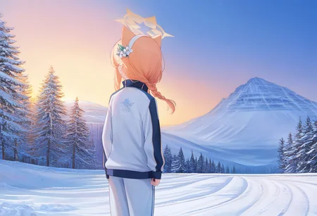 score_9, score_8_up, score_7_up, upper body Mari_(Track)_(Blue_Archive), blue_eyes, orange_hair, braid, long_hair, flat_chest, halo, hair_flower, animal_ear_fluff, gym_long pants,blue_pants,track_jacket, blue_jacket, white_hairband Mari_(Blue_Archive), Mari_(Blue_Archive), easynegative,
Winter_Forest,scenery,scenery,outdoors,tree,sky,snow,nature,winter,forest
Snowy mountain,outdoors,back view ,snowy landscapes,large portion of landscape ,small size character,dusk,sunset,snowy landscape