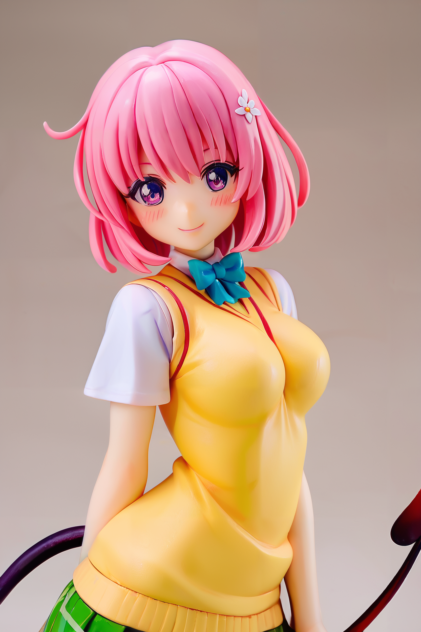score_9, score_8_up, score_8, medium breasts, cute, eyelashes, figure,    <lora:tlrmomo-pdxl-nvwls-v1:0.9> tlrmomo, pink hair, hair flower, green bowtie, yellow sweater vest, white shirt, short sleeves, demon tail, standing, head tilt, curvy, smile, blush,    <lora:Anime_Figure_P1:1>,