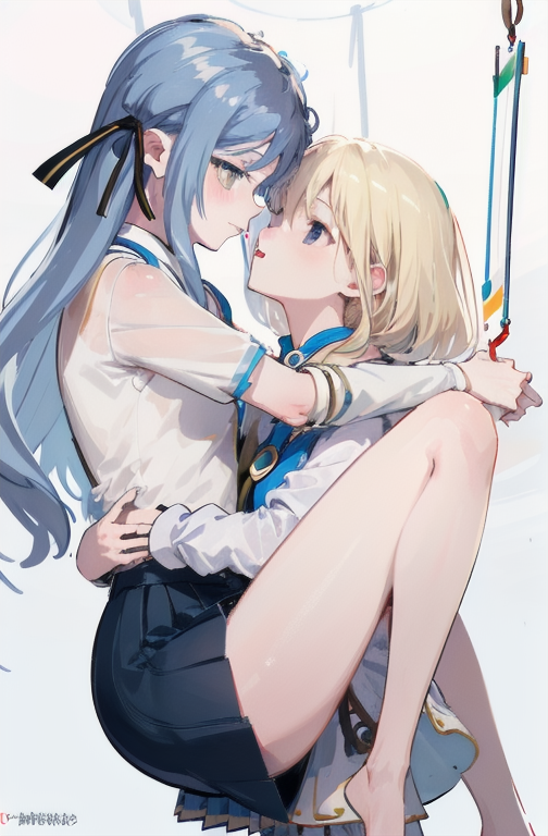 (suspended congress:2),best quality,masterpiece,absurdres,2girls,yuri,from side,facing another,
looking at another,hug,bare legs,PIXIV,<lora:style-ç¾åè±å¼yuri Lora:0.5:lbw=0,0,0,0,0,0,1,1,0,0,0,0,0,0,0,0,0>,
(blush:1.1),
ADDCOMM,
leg fold,thighs lift,
<lora:char-mygo_ä¸°å·ç¥¥å­togawa_sakiko_bangdreamitsmygo:0.7:lbw=0,0,0,0,0,0,0,0,1,1,1,1,0,0,0,0,0>,togawa_sakiko_bangdreamitsmygo,äºº-mygo-mygo_ä¸°å·ç¥¥å­togawa_sakiko_bangdreamitsmygo,embarrass,parted lips,shy,
yellow eyes,(black_ribbon:1.1),light blue hair,(ribbon:1.1),(hair_ribbon:1.1),long_hair,bangs,sidelocks,short socks,black_loafers,miniskirt,frilled shirt,flat chest,
ADDCOL,
standing,
<lora:char-mygoä¸è§åè¯ Misumi Uika (Bang dream! Ave Mujica):0.7:lbw=1,0,0,0,0,0,0,0,1,1,0,0,0,0,0,0,0>,
misumi uika,bright blonde hair,purple eyes,elder sister,
shorter hair,white shirt,dark yellow skirt,short sleeves,bare shoulders,flat chest,