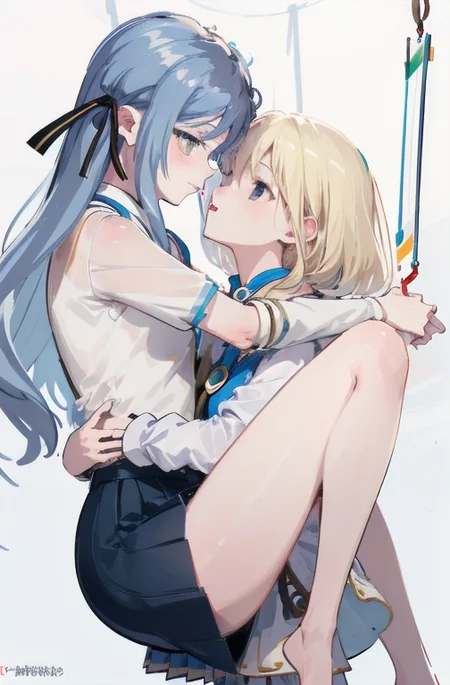(suspended congress:2),best quality,masterpiece,absurdres,2girls,yuri,from side,facing another,
looking at another,hug,bare legs,PIXIV,<lora:style-ç¾åè±å¼yuri Lora:0.5:lbw=0,0,0,0,0,0,1,1,0,0,0,0,0,0,0,0,0>,
(blush:1.1),
ADDCOMM,
leg fold,thighs lift,
<lora:char-mygo_丰å·ç¥¥åtogawa_sakiko_bangdreamitsmygo:0.7:lbw=0,0,0,0,0,0,0,0,1,1,1,1,0,0,0,0,0>,togawa_sakiko_bangdreamitsmygo,人-mygo-mygo_丰å·ç¥¥åtogawa_sakiko_bangdreamitsmygo,embarrass,parted lips,shy,
yellow eyes,(black_ribbon:1.1),light blue hair,(ribbon:1.1),(hair_ribbon:1.1),long_hair,bangs,sidelocks,short socks,black_loafers,miniskirt,frilled shirt,flat chest,
ADDCOL,
standing,
<lora:char-mygoä¸è§åè¯ Misumi Uika (Bang dream! Ave Mujica):0.7:lbw=1,0,0,0,0,0,0,0,1,1,0,0,0,0,0,0,0>,
misumi uika,bright blonde hair,purple eyes,elder sister,
shorter hair,white shirt,dark yellow skirt,short sleeves,bare shoulders,flat chest,