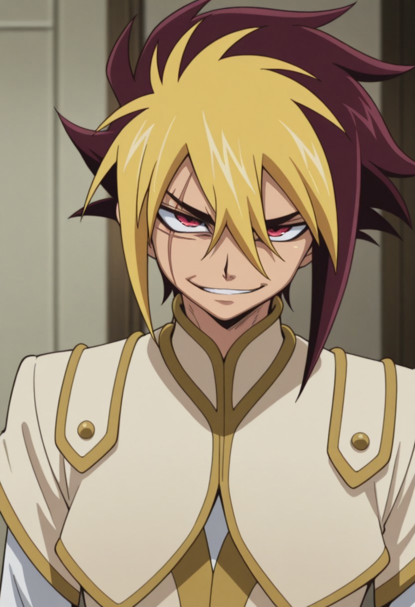 masterpiece,best quality,amazing quality, source_anime, 
Thomrclight, 1boy, male focus, solo, red eyes, scar across eye, multicolored hair, brown hair, blonde hair, shirt, white shirt, coat, brown coat, short over long sleeves, portrait, smirk,
