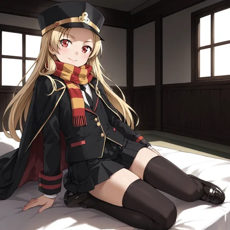 indoors, <lora:chiaki.pony:1> chiaki, 1girl, solo, long hair, blonde hair, red eyed, scarf, striped scarf, shako cap, black headwear, cape, black cape, black coat, flat chest, skirt, pleated skirt, black skirt, black thigh-highs, black loafers,