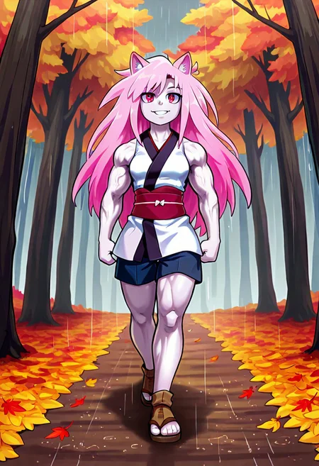 autumn forest, rain, 1girl, muscular body, white kimono, brown sandals, long hair, pink hair, wild hair, red eyes, smile, pale skin, cat ears, walking, sleeveless, shorts