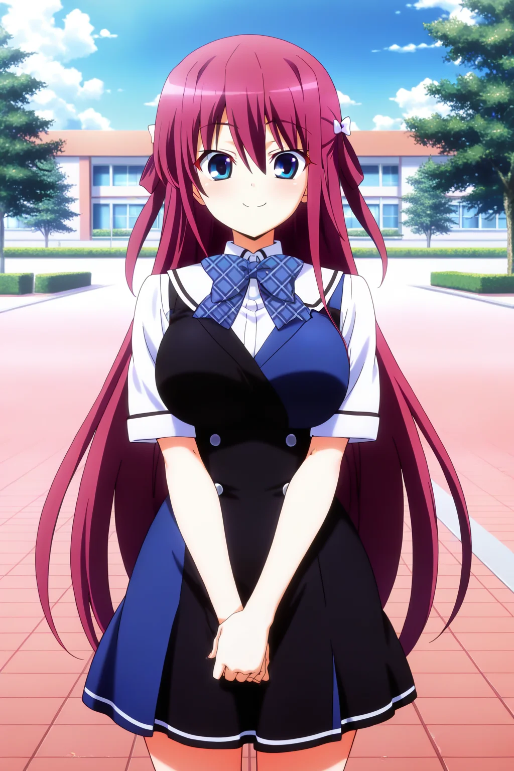 anime screenshot, anime coloring, suou amane, red hair, hair rings, white bow, hair bow, blue eyes, large breasts, school uniform, pinafore dress, black dress, blue dress, two-tone dress, short sleeves, white shirt, blue bowtie, plaid bowtie, looking at viewer, smile, own hands together, cowboy shot, outdoors, day, blue sky, masterpiece, best quality, high quality, highres, absurdres, <lora:suou_amane_ILXL:0.9>
