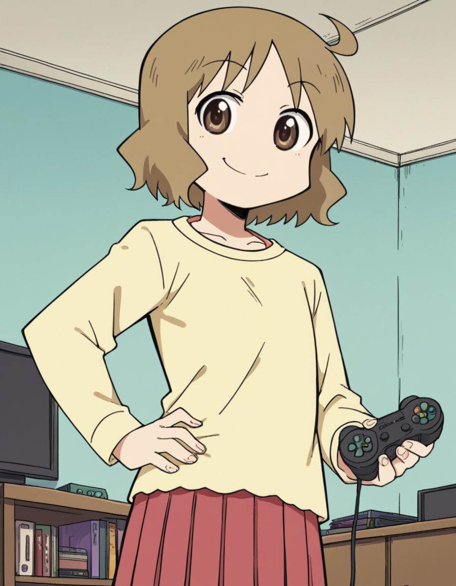 score_9, score_8_up, score_7_up, source_anime, <lora:izumi-sakurai-s1-ponyxl-lora-nochekaiser:1>, izumi sakurai, short hair, brown hair, brown eyes, ahoge,, skirt, yellow shirt, pleated skirt, red skirt,, living room, video game, controller, competitive, fun, afternoon, smile, smug, hand on hips,, looking at viewer, solo,, dutch angle, cowboy shot