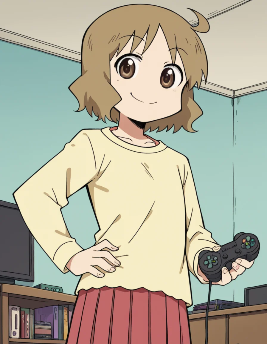 score_9, score_8_up, score_7_up, source_anime, <lora:izumi-sakurai-s1-ponyxl-lora-nochekaiser:1>, izumi sakurai, short hair, brown hair, brown eyes, ahoge,, skirt, yellow shirt, pleated skirt, red skirt,, living room, video game, controller, competitive, fun, afternoon, smile, smug, hand on hips,, looking at viewer, solo,, dutch angle, cowboy shot