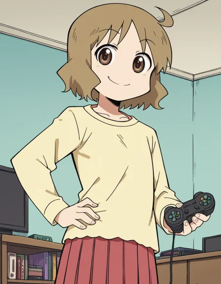 score_9, score_8_up, score_7_up, source_anime, <lora:izumi-sakurai-s1-ponyxl-lora-nochekaiser:1>, izumi sakurai, short hair, brown hair, brown eyes, ahoge,, skirt, yellow shirt, pleated skirt, red skirt,, living room, video game, controller, competitive, fun, afternoon, smile, smug, hand on hips,, looking at viewer, solo,, dutch angle, cowboy shot