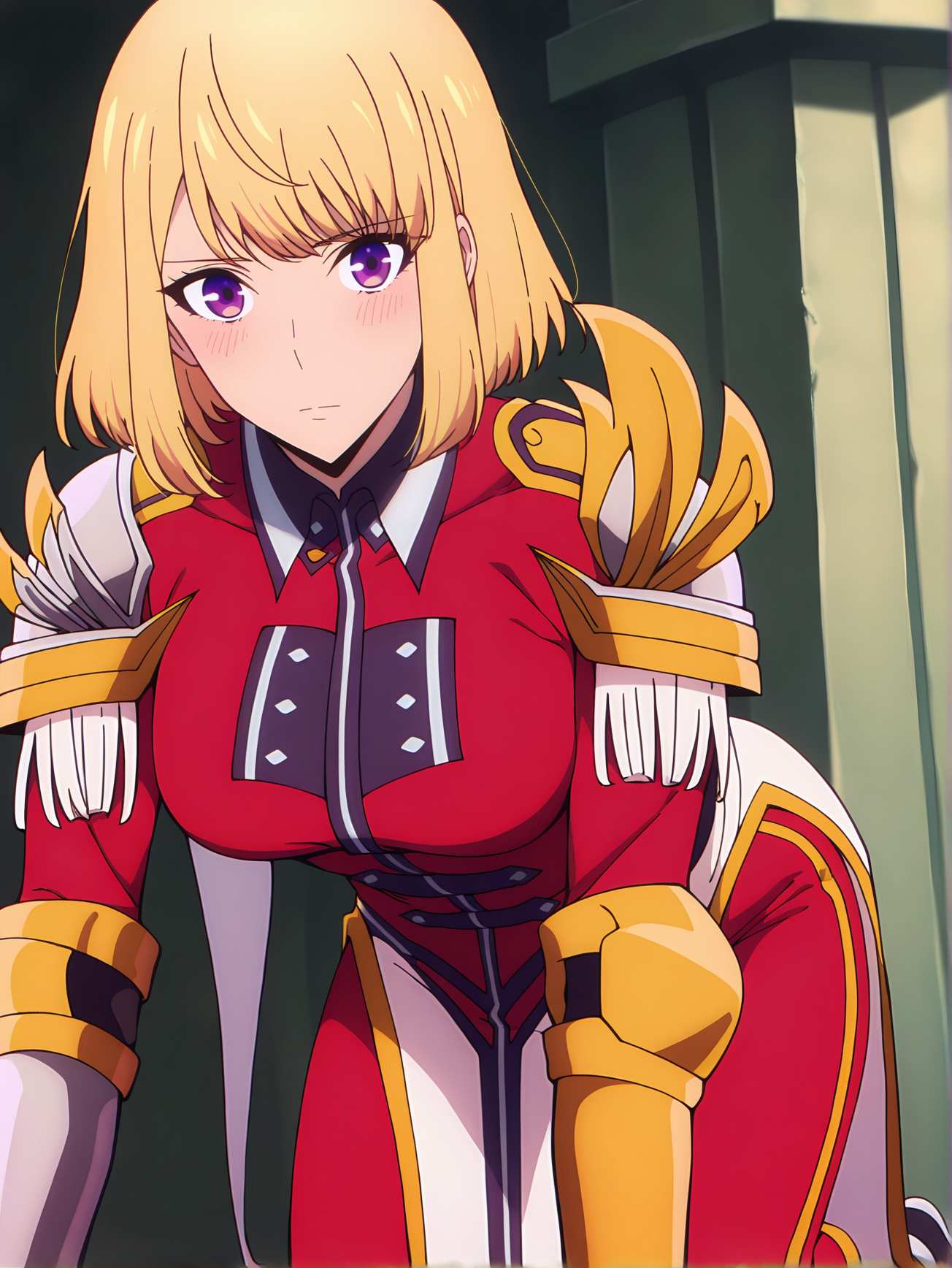 <lora:Cha_Hae-in:1> cha_hae_in, 1girl, solo, short blonde hair, purple eyes, medium breasts, red uniform, armor, shoulder armor, epaulettes, white back cape, waist cape, pelvic curtain, red pants, greeves, all fours, leaning forward, looking at viewer, slightly blushing, from below, dramatic lighting