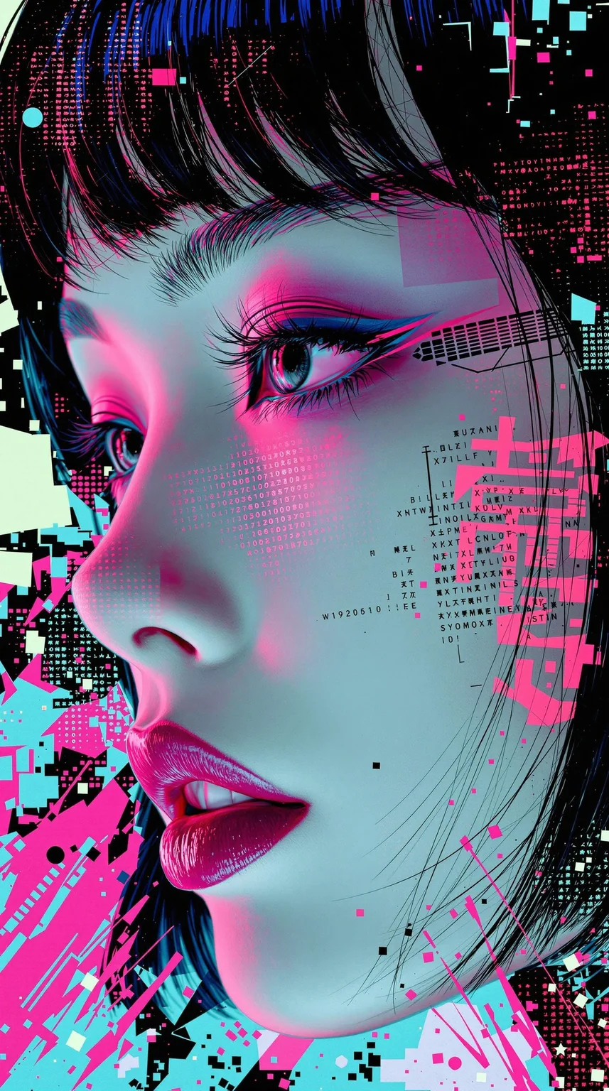 Rendered in bold, expressive pop-art style with abstract overlays, double exposures and halftone textures, this extreme close-up captures the profile of a young Japanese cyborg woman. Her ceramic faceplate is delicately crafted—porcelain-smooth with faint microfractures, seamlessly blending with patches of exposed synthetic muscle beneath the cheek and jaw. Her natural black hair cascades in a sharply cut bob, contrasting against the sleek, mechanized beauty of her face. Her averted gaze is framed by a dramatic stroke of matte obsidian eyeshadow and subtle circuitry beneath the skin, glowing faintly like embers. The background erupts into a hyper-stylized cyberspace collage: shattered LED panels, floating kanji code, and amorphous bursts of electric fuchsia and aquamarine. The mood is erotically charged yet eerily serene—a tribute to both sensual human elegance and futuristic design, evoking a blend of Roy Lichtenstein’s pop aesthetic with cybernetic minimalism.