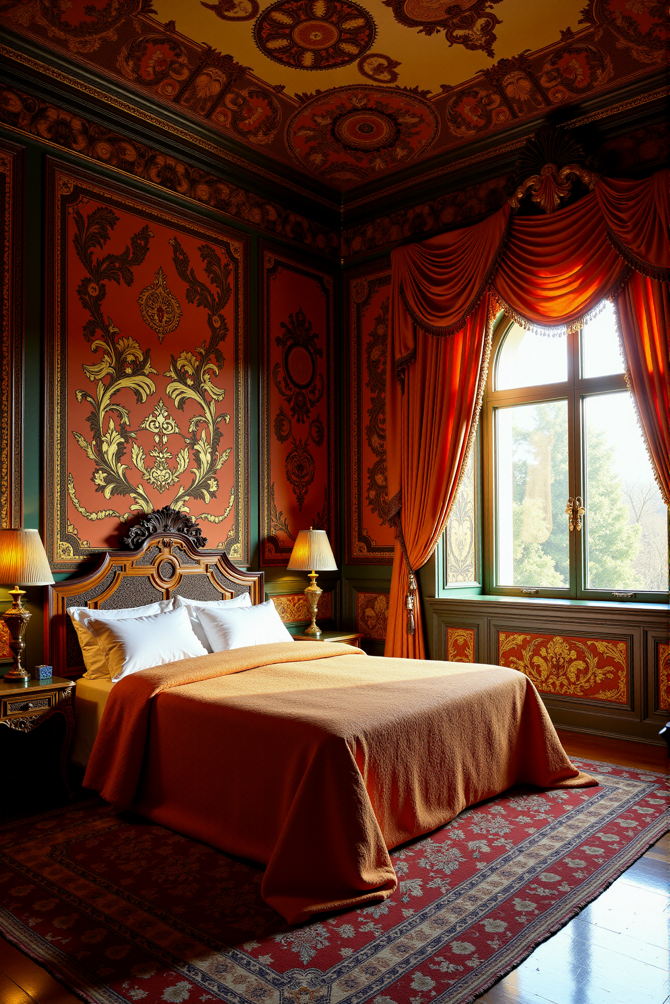<lora:Ornamental_Patterns:0.6> OrnamentalPatterns style.
A huge, royal bedroom completely covered with  ornamental patterns, including the floor, walls, ceiling, blanket and curtains. Late golden hour light filtering through the window adding warmth to the picture.
