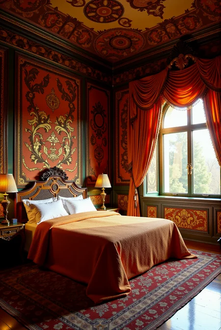 <lora:Ornamental_Patterns:0.6> OrnamentalPatterns style.
A huge, royal bedroom completely covered with ornamental patterns, including the floor, walls, ceiling, blanket and curtains. Late golden hour light filtering through the window adding warmth to the picture.