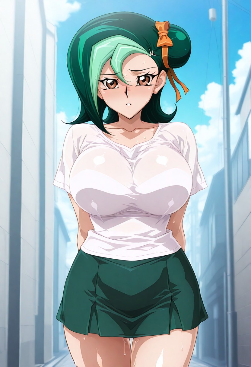 very_aesthetic, best_quality ,high_resolusion, 8K,crisp quality, ultra detailed,perfect_eyes,
anime screencap, Erotic_style, EasyNegativeV2,
Kotori miduki,dark green hair,multi color hair,brown eyes,
shirt,skirt,outdoors,standing,straight-on,cowboy shot,