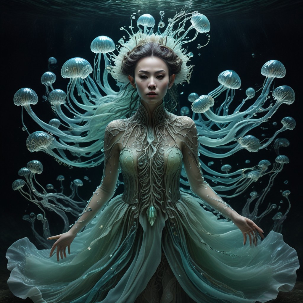 long mid shot portrait photography of an ethereal warrior, (glowing runes: 1.1), fairytale aesthetic. light green sheme, Photorealistic, intricate details, realism, sfw, ultrasharp,photography, floating, dress, water, under water, jellyfish, haute couture, tentacles, bioluminescence