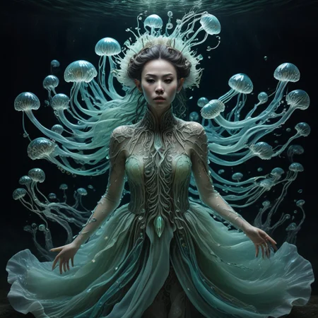 long mid shot portrait photography of an ethereal warrior, (glowing runes: 1.1), fairytale aesthetic. light green sheme, Photorealistic, intricate details, realism, sfw, ultrasharp,photography, floating, dress, water, under water, jellyfish, haute couture, tentacles, bioluminescence