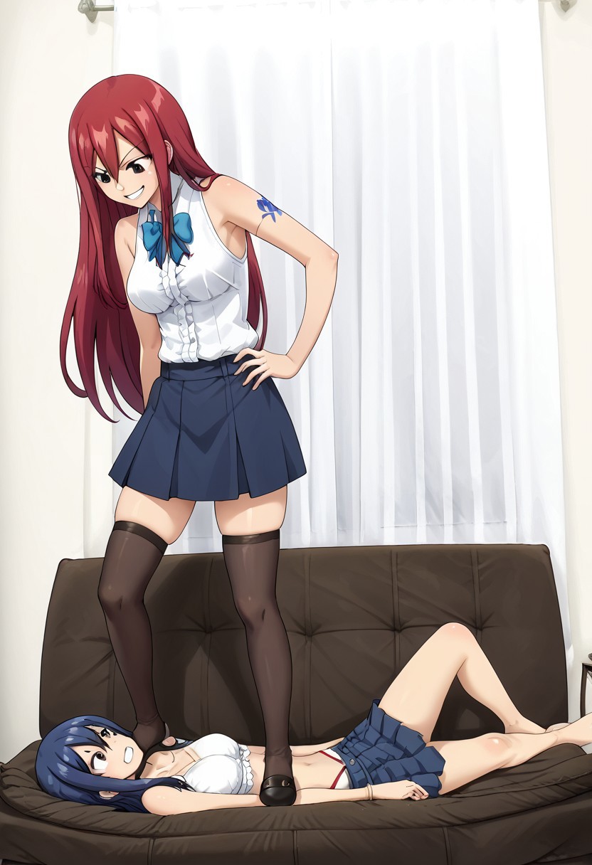 score_9,score_8_up,score_7_up,score_6_up,source_anime, studio lighting, dynamic, Crush_Trample, trample, lesbian domination, dents from trampling, crush, trampling, one girl stands on another girl,
erza scarlet trample wendy marvell, (2 different girls with different hair and different clothes:1.3), side view,
BREAK 
first girl: (1girl, top, erza scarlet, long hair, red hair, hair between eyes, brown eyes, latex blue skirt, shirt, bow, sleeveless, sleeveless shirt, tattoo, white shirt, stockings, frills, dominatrix, trampling, erza scarlet tramples wendy marvell's boob, erza scarlet tramples wendy marvell's belly, dominant girl, skinny, athletic, skindentation, looking down, evil grin), foot domination, foot worship,
BREAK
another girl: (1girl, bottom, wendy marvell, long hair, hair ornament, twintails, blue hair, bare shoulders, armlet, small boobs, naked boobs, white panty, wendy marvell lying on sofa, petite, submissive, wendy marvell pain face, skindentation),