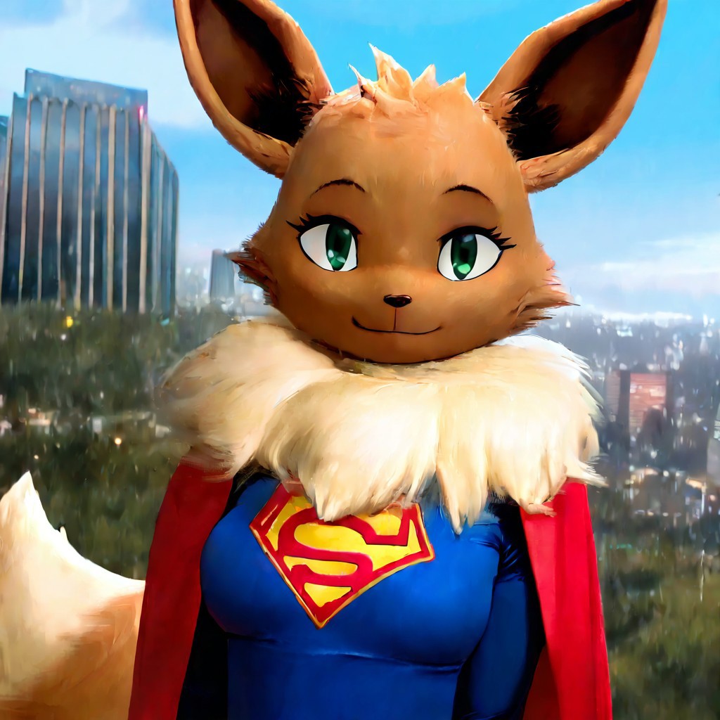 (masterpiece, best quality, very aesthetic, absurdres:1.2), 1girl, solo,furry, Eevee_\(Pokemon\), furry female, anthro female, Emerald Green Eyes,Beige Neck Fur,Brown Fur,Bushy tail,Pointy Ears,Brown Ear Insides, smile, looking at viewer, supergirl,bodysuit,superhero, outdoors, city