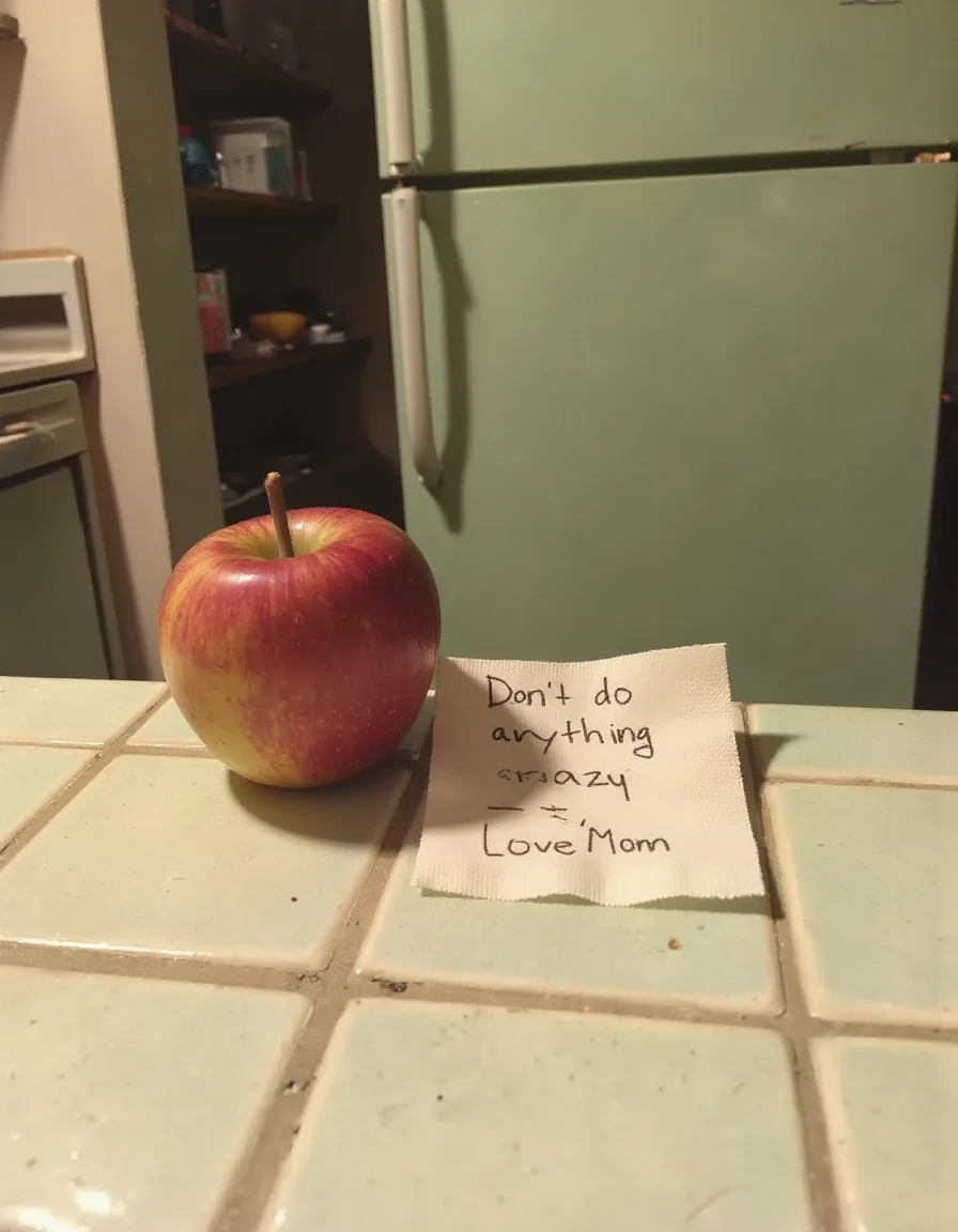 A picture I took of an apple and a note on the counter waiting for me when I got home from school. The note was on a napkin and sat next to the apple near our ugly green refrigerator on the tile counter. You can barely make out what the note says. The note reads: "Don't do anything crazy - Love Mom". <lora:retrograde-80s:1> retr0grade80s