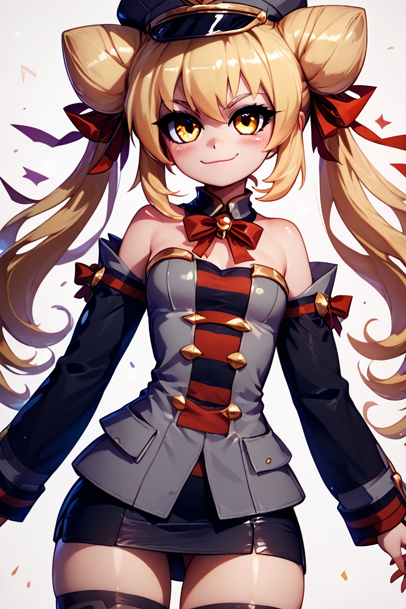 score_9, score_8_up, score_8, medium breasts, (curvy), cute, eyelashes,       BREAK, ,  zzGiratanya, yellow eyes, long hair, blonde hair, twintails, cone hair bun, double bun, hair bun,  black military hat, grey military uniform, black skirt, thighhighs, long sleeves, ribbon, bare shoulders, hair ribbon, detached sleeves,   <lora:Giratanya_CitronOC_PDXL_v2:0.8>,, BREAK, smile, closed mouth, looking at viewer, cowboy shot,  ,,, embedding:zPDXL, Expressiveh, ,,, <lora:MantisStyle_PDXL_v2:0.8>, <lora:SDXLFaeTastic2400:0.5>, <lora:Expressive_H-000001:0.4>,