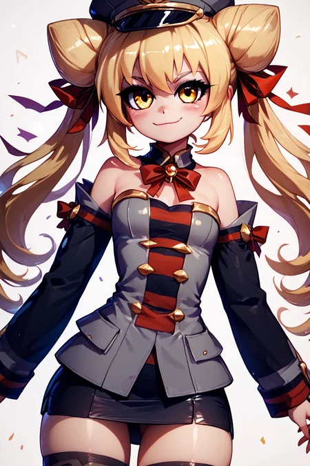 score_9, score_8_up, score_8, medium breasts, (curvy), cute, eyelashes, BREAK, , zzGiratanya, yellow eyes, long hair, blonde hair, twintails, cone hair bun, double bun, hair bun, black military hat, grey military uniform, black skirt, thighhighs, long sleeves, ribbon, bare shoulders, hair ribbon, detached sleeves, <lora:Giratanya_CitronOC_PDXL_v2:0.8>,, BREAK, smile, closed mouth, looking at viewer, cowboy shot, ,,, embedding:zPDXL, Expressiveh, ,,, <lora:MantisStyle_PDXL_v2:0.8>, <lora:SDXLFaeTastic2400:0.5>, <lora:Expressive_H-000001:0.4>,