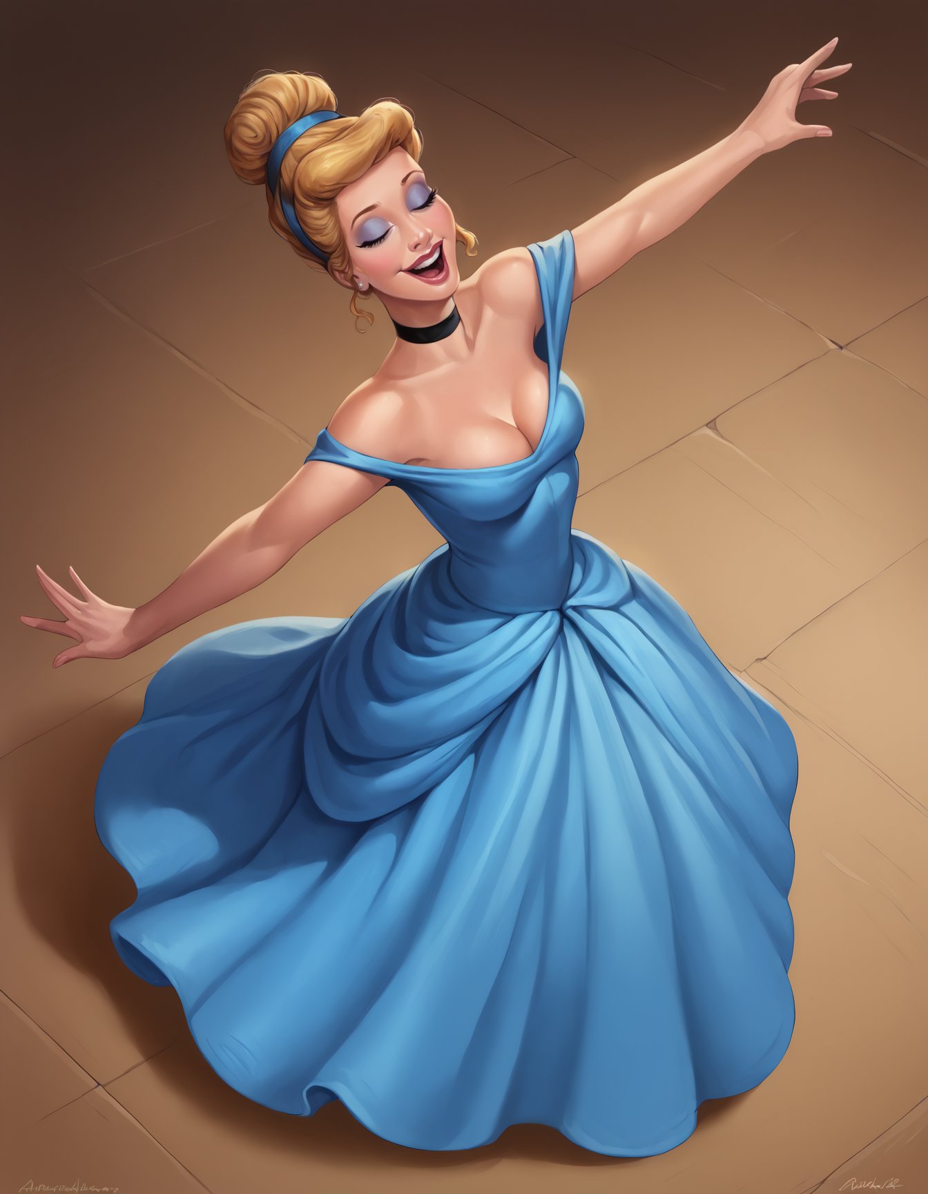 score_7_up, score_6_up, from above, realism, isat4n-dh, 1girl, dancing, happy, CinderellaXLP, hair bun, hairband, makeup, bare shoulders, blue dress, long skirt, princess, choker, cleavage, ballroom <lora:add-detail-xl:0.5> <lora:sinfully_stylish_SDKL:0.5> <lora:Artist_Style_-_isatandoomsatan666_PDXL:1>  <lora:CindirellaXLP_character:0.5>