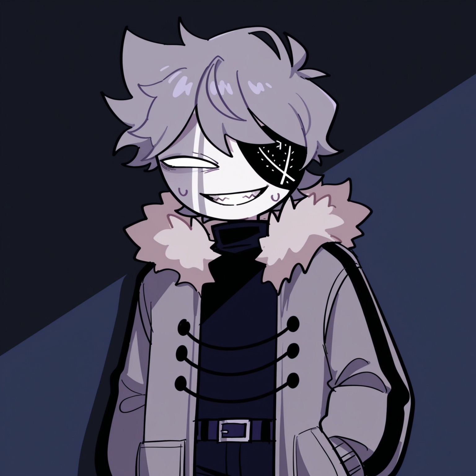 2d, solo, 1boy, Ruvyzvat, male, humanoid, white skin, gray skin, white body, white sclera, no pupils, eyepatch, gray hair, short hair

fur trim, gray and black coat, open coat, long sleeves, dark blue undershirt, dark blue turtleneck, dark blue belt, dark blue pants,

BREAK upper body focus, standing, shadowed face, sweat, toothy grin, looking at viewer, facing viewer 

BREAK best quality, amazing quality, very aesthetic, absurdres, newest, masterpiece, high quality