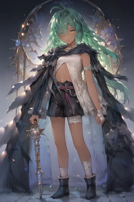 score_9, score_8_up, score_7_up, score_6_up, score_5_up, source anime, flat chest, looking at viewer, solo, <lora:Kolulu_Granblue_Fantasy:0.8> , kolulu \(granblue_fantasy\), koluludef, (dark skin), green hair, green eyes, long hair, bandages, hair over one eye, living room, smile, <lora:hand 4:0.65> , Hand, hands, perfect hands, full body, (holding), polearm, weapon, <lora:s0mXLP:0.8> , s0m,