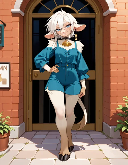 masterpiece, best quality, very aesthetic, absurdres,
outdoors, casual, 
full body, posing, 
 seductive smile, parted lips, long eyelashes,
 <lora:Wilma_v01_NAIXL:1>
W11m4,1girl,solo,furry,furry female,animal ears,earrings,ear tag,white hair,short hair,hair between eyes,blue eyes,glasses,snout,mole under eye,animal nose,black choker,neck bell,body fur,white fur,tail,hooves,