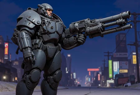 1man, A heavily armored warrior in futuristic black power armor stands confidently, wielding a massive gatling gun. The armor is bulky, with reinforced plating, large shoulder pads, and complex mechanical joints. The helmet has a slit like visor and built from multiple triangular metallic elements, giving the character a rugged, battle-hardened look. The gatling gun features a drum magazine, with visible wiring and mechanical components, emphasizing its powerful nature. The character exudes strength and resilience, with an imposing and intimidating stance, full shot, full body visible, ultra realistic, masterpiece, he walks in a deserted road, distant cyberpunk metropolis, night time, neon light lights the sky.
