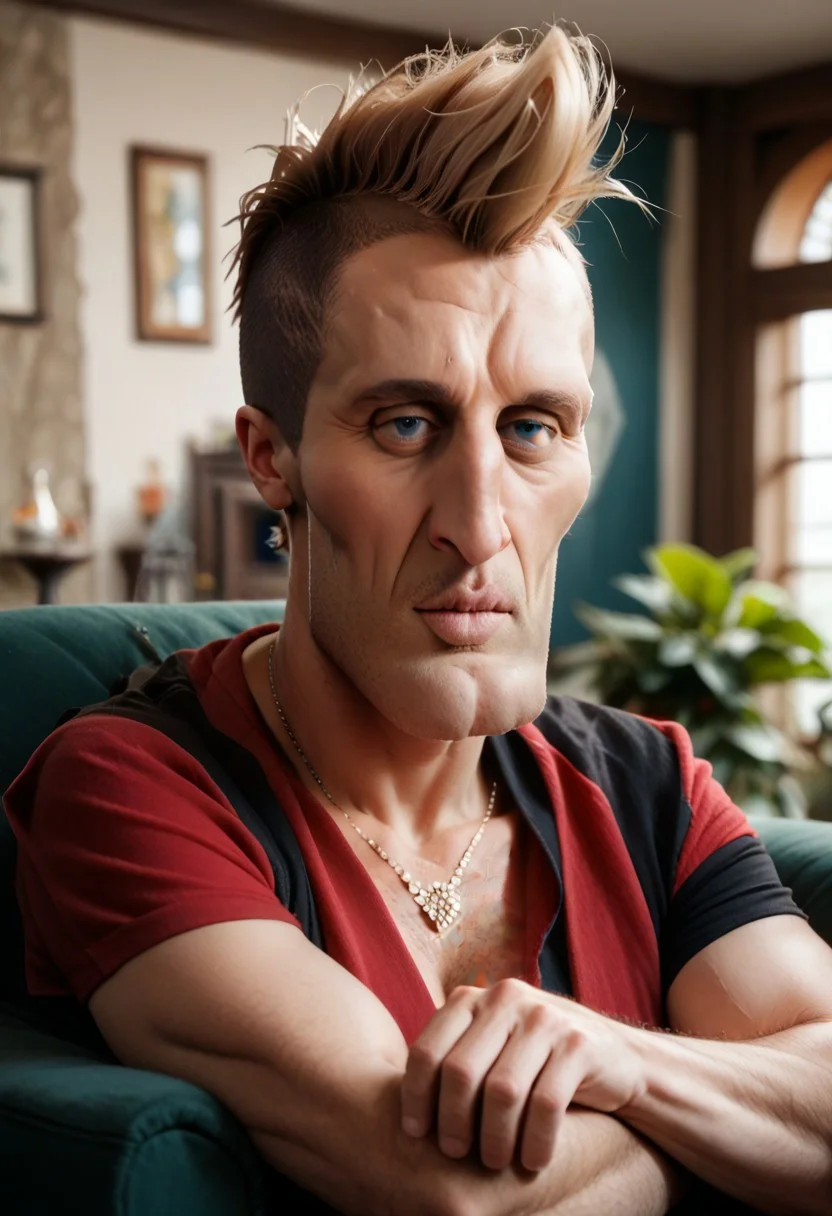 score_9, score_8_up, score_7_up, score_6_up, score_5_up, score_4_up, cinematic film still cinematic photo breathtaking,8k, masterpiece, high quality,skin pores, laying in a confy chair, garden, highly detailed, detailed skin, depth of field, film grain, , highly detailed . shallow depth of field, vignette, highly detailed, high budget Hollywood movie, bokeh, handsomize,1man,chiseled jawline,stubble,blonde hair,blue eyes,mohawk,portrait,red shirt,indoors,living room