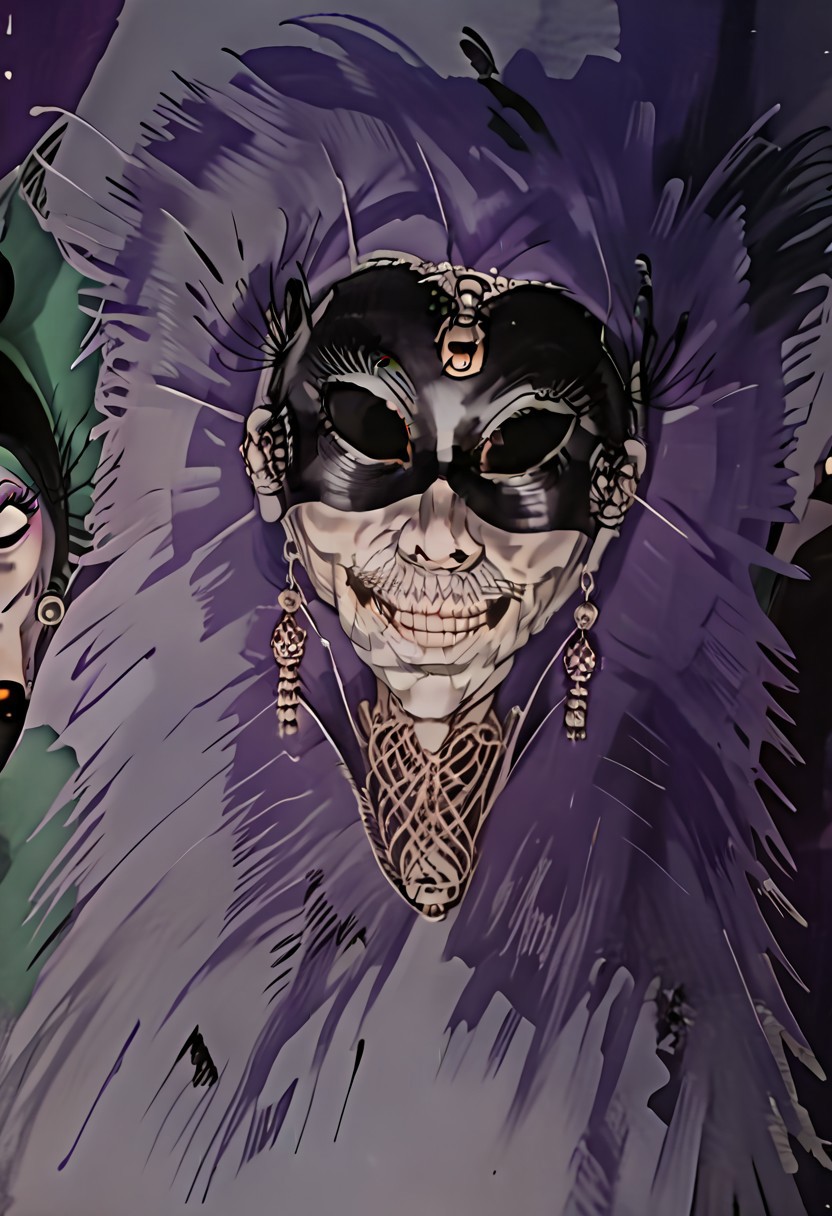 masterpiece, best quality, amazing quality, very aesthetic, high resolution, ultra-detailed, absurdres, mature female,  a cover of a larry brent novel, illustration \(genre\), pulp art \(style\) , macabre, spooky, horror \(theme\), Yzma, Purple Skin, Old Woman, Gilf, Earrings, V3net1an_m1ask, mask, mysterious mask, Carnival mask, mask, Venetian mask, mysterious mask, luxurious,